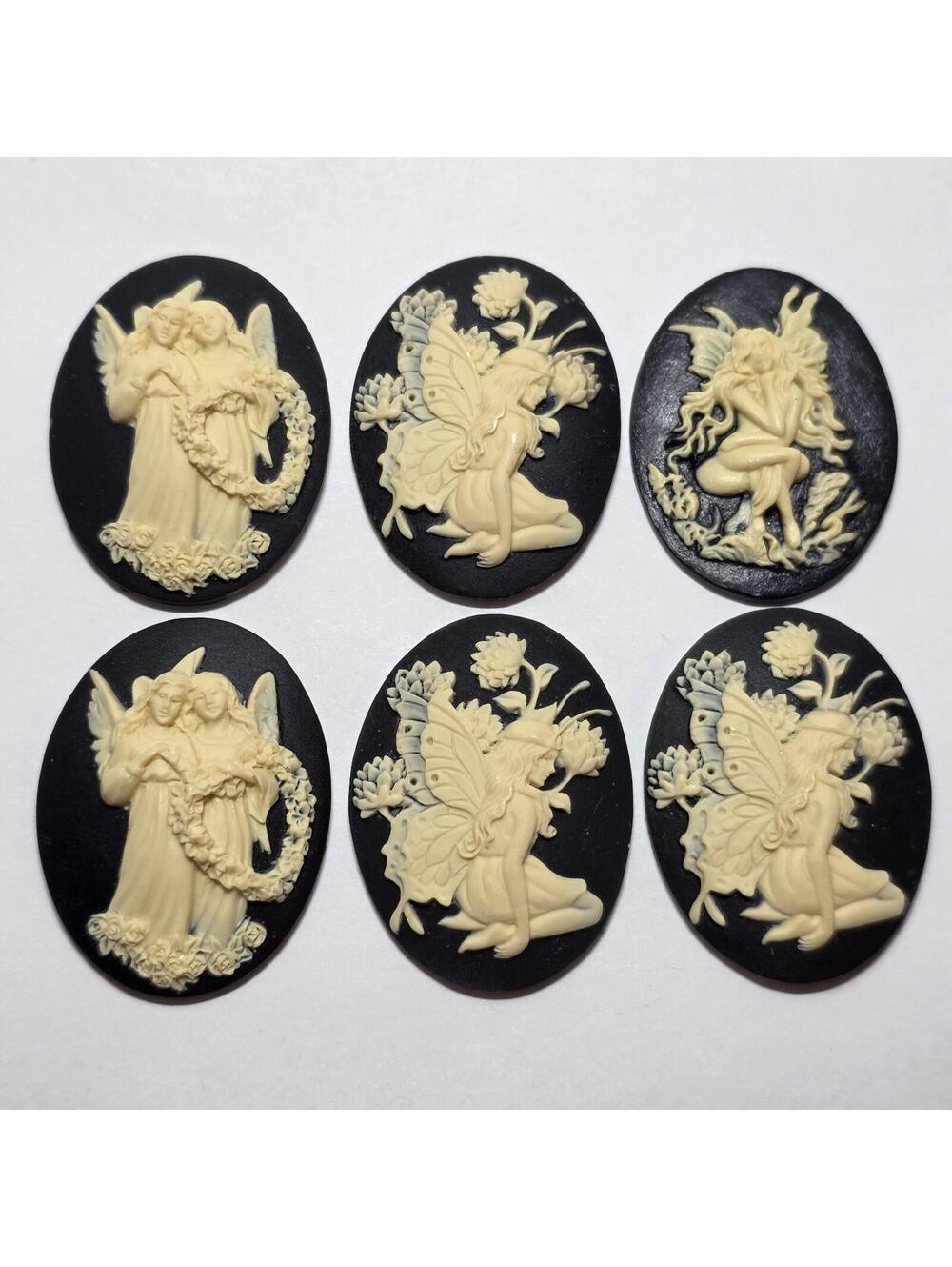 Lot of 6 Fairy Angel Cameo Cabochons Black Ivory Resin Relief EUC